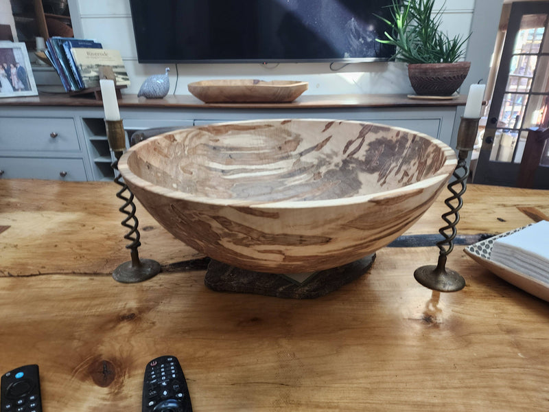Petermans Boards and Bowls Inc. - 15 Ambrosia Maple Round Bowl, featuring unique beetle-induced patterns, handcrafted from sustainably sourced New England maple, ideal for serving salads or pasta.