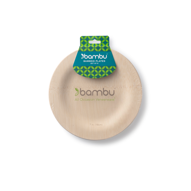 bambu® - Disposable Bamboo Round Plates: 7 inches, set of 8 eco-friendly, compostable plates in retail packaging, perfect for sustainable dining and events.