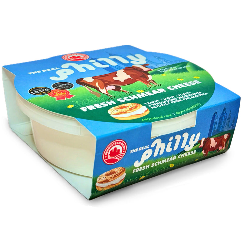 Perrystead Dairy - The Real Philly Schmear, an award-winning, spreadable cheese in labeled packaging, ideal for bagels or charcuterie.