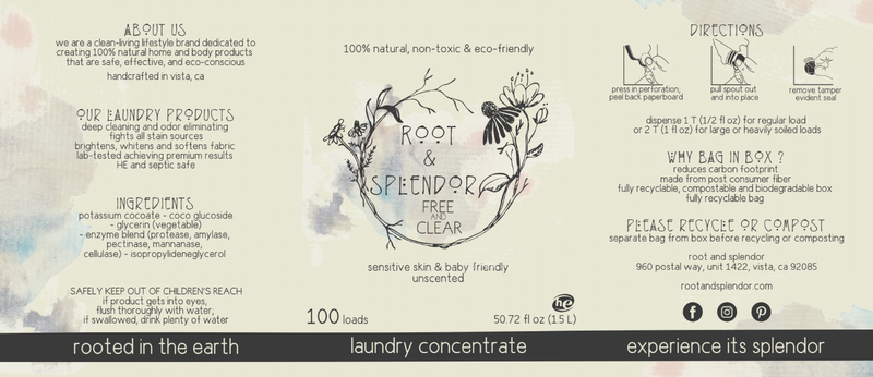 Root & Splendor | Laundry Soap Concentrate - Hush - 1.5L (100 Loads) features eco-friendly packaging, emphasizing natural and non-toxic ingredients for effective laundry care.