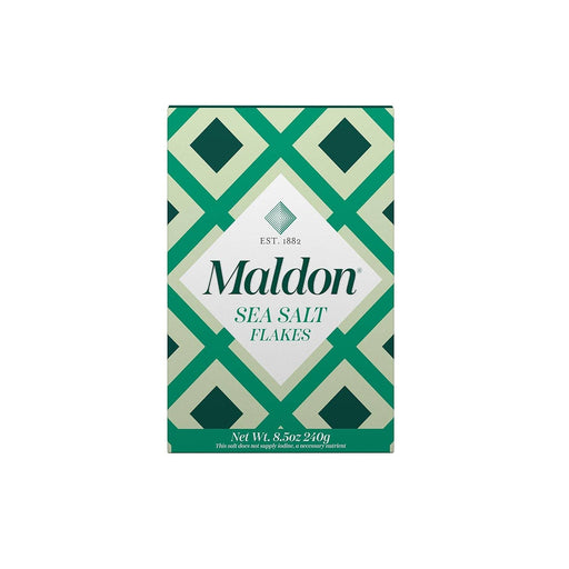 Wholesome Good - Maldon Sea Salt 8.5oz / 12: Single, featuring distinctive geometric-diamond packaging with the Maldon logo, perfect for enhancing culinary creations from Athens Cooks.