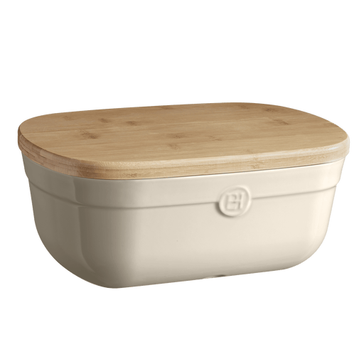 Emile Henry Bread Box in Clay — ceramic base with wooden lid, front view