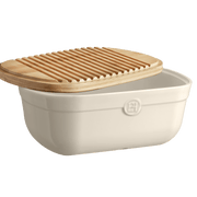 Emile Henry Bread Box Clay — lid reversed to show crumb-catching cutting board grooves
