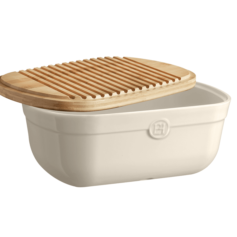 Emile Henry Bread Box Clay — lid reversed to show crumb-catching cutting board grooves