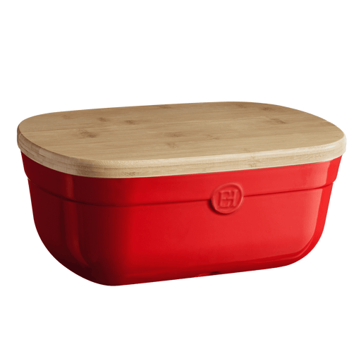 Emile Henry | Bread Box, Burgundy: A red ceramic storage container with a bamboo lid, designed for freshness and durability, perfect for keeping baked goods crisp and soft.