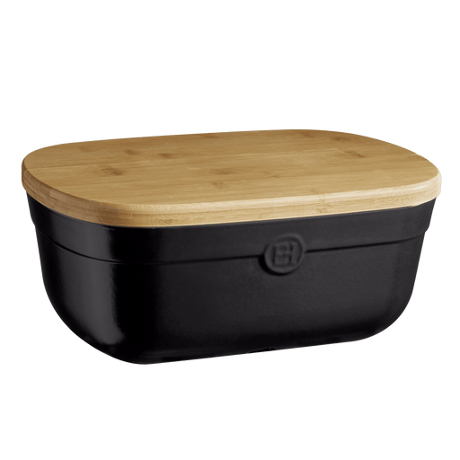Emile Henry | Bread Box, Truffle: Black base with a bamboo lid, designed for optimal bread storage—balancing humidity and air circulation, with a crumb-catching groove for slicing.