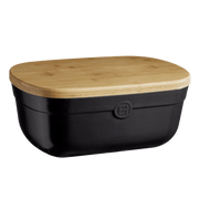 Emile Henry | Bread Box, Burgundy: A black ceramic container with a bamboo lid that doubles as a cutting board, ideal for artisan bread storage.