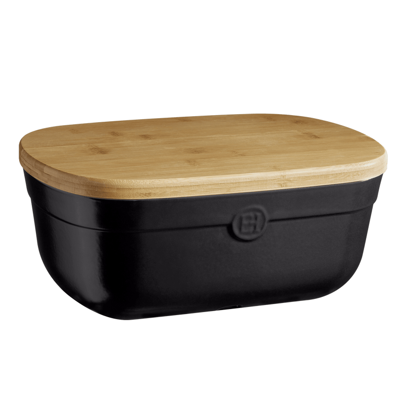Emile Henry | Bread Box, Burgundy: A black ceramic container with a bamboo lid that doubles as a cutting board, ideal for artisan bread storage.