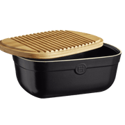 Emile Henry | Bread Box, Truffle featuring a matte-black base with a slotted bamboo lid, doubling as a crumb-collecting cutting board, perfect for countertop storage.