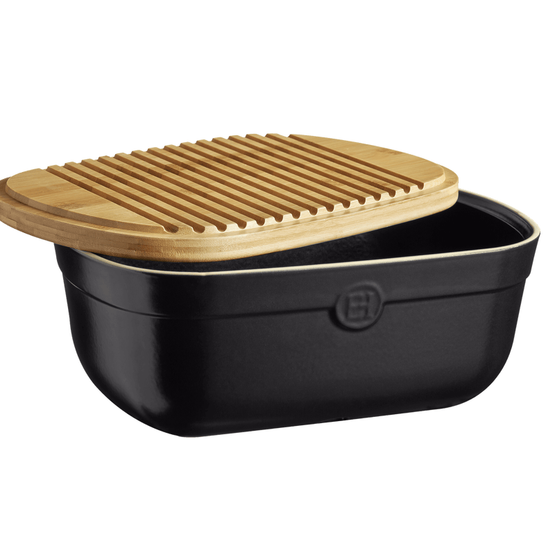 Emile Henry | Bread Box, Burgundy: Rectangular black dish with slotted bamboo lid, ideal for baking or storing bread; lid doubles as a cutting board.