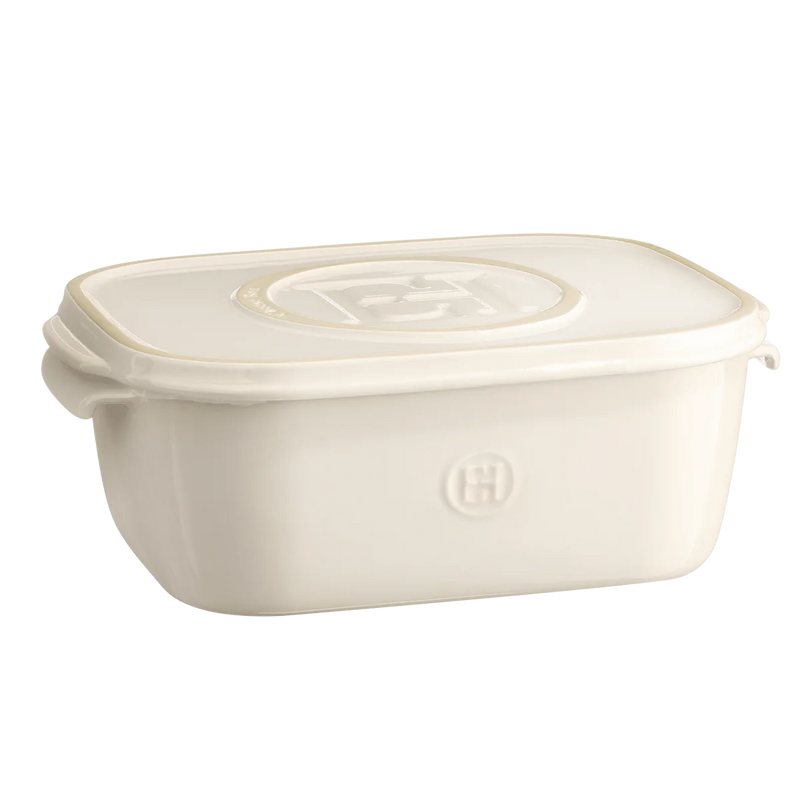 Emile Henry Cheese Box, Clay: A compact, cream ceramic storage dish with a raised H logo, perfect for stylish cheese storage and serving.