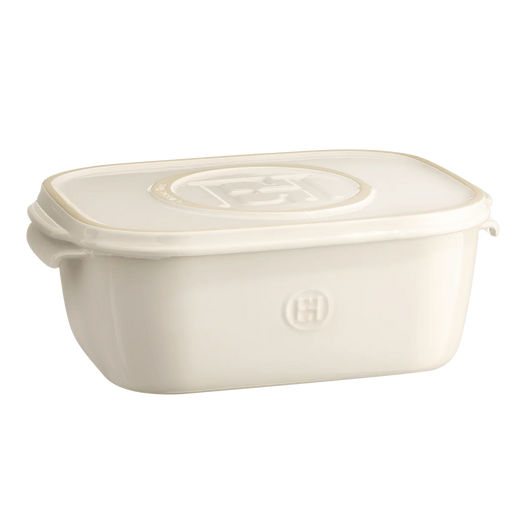 Emile Henry Cheese Box, Clay: A compact, cream ceramic storage dish with a raised H logo, perfect for stylish cheese storage and serving.