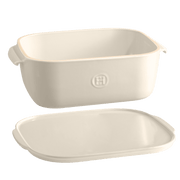 Emile Henry | Cheese Box, Black: Ceramic dish with embossed logo and lid, designed for storing and serving cheese, featuring space-saving design and easy-to-handle side grips.