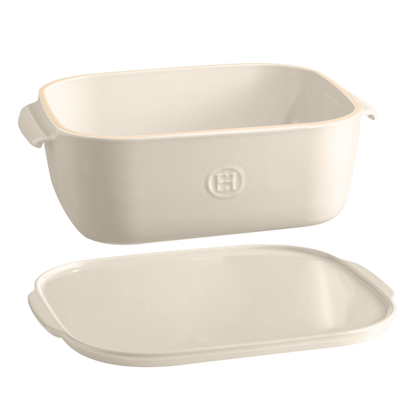 Emile Henry | Cheese Box, Black: Ceramic dish with embossed logo and lid, designed for storing and serving cheese, featuring space-saving design and easy-to-handle side grips.