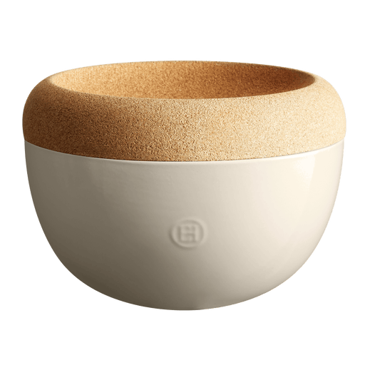 Emile Henry | Deep Storage Bowl, Clay: A two-tier ceramic container with a cork collar, designed for optimal produce storage and countertop appeal.