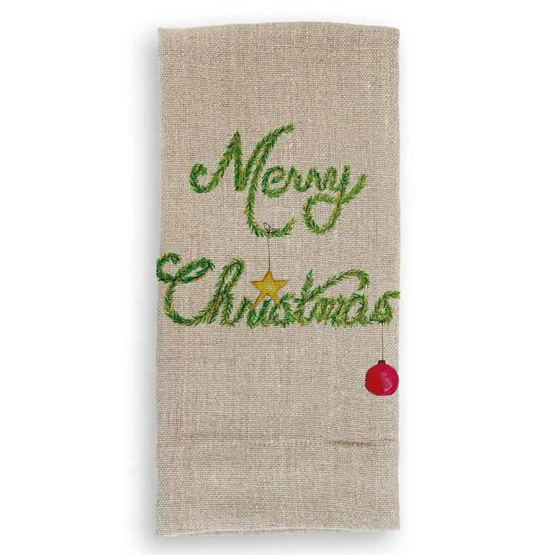 French Graffiti - Merry Christmas Garland: Natural Guest Towel with embroidered festive script, gold star, and red bauble, perfect for holiday kitchen decor.