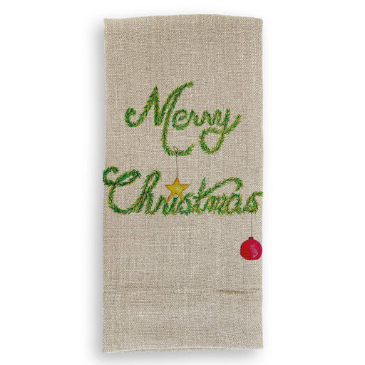 French Graffiti - Merry Christmas Garland: Natural Guest Towel with embroidered festive script, gold star, and red bauble, perfect for holiday kitchen decor.