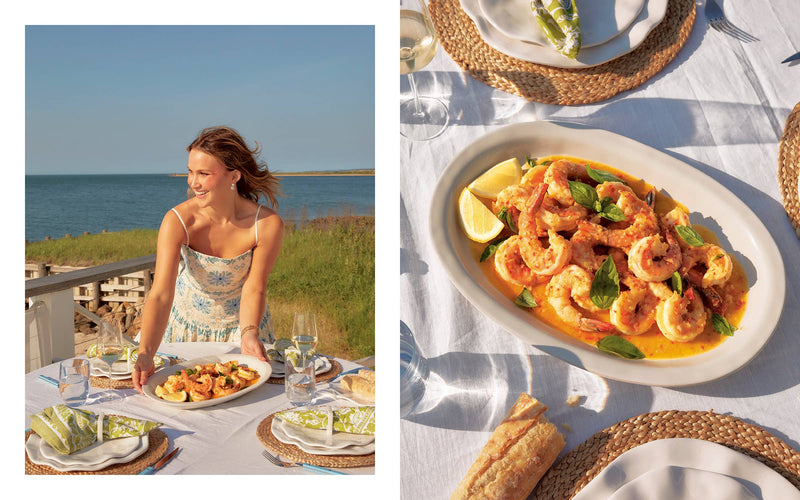 Wishbone Kitchen Cookbook displayed with a seaside meal scene, featuring shrimp platter, embodying Meredith Hayden's unfussy, elegant cooking style for hosting, available at Athens Cooks.