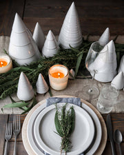 Farmhouse Pottery - Balsam Woodland Trees: Medium, elegantly displayed among cone-shaped trees and evergreen sprigs, highlighting a minimalist, nature-inspired holiday tablescape.