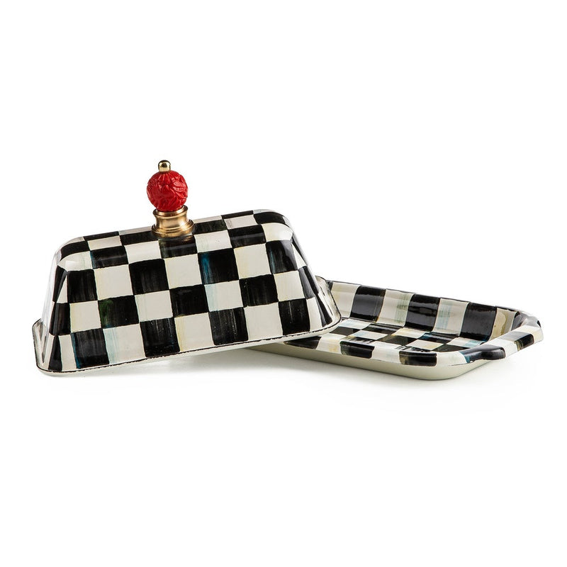 MacKenzie-Childs | Courtly Check Butter Box: Hand-painted ceramic butter dish with black-and-white checkerboard pattern, red knob, and brass accents, ideal for elegant kitchen settings.