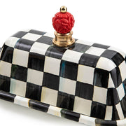 MacKenzie-Childs | Courtly Check Butter Box: Painted ceramic butter dish with a black-and-white checkerboard pattern, brass accents, and a red knob, perfect for elegant kitchen presentation.