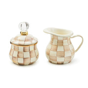 MacKenzie Childs | Mocha Check Lidded Sugar Bowl and creamer jug with hand-painted checkerboard pattern, glass knob, and bronzed stainless steel rim.