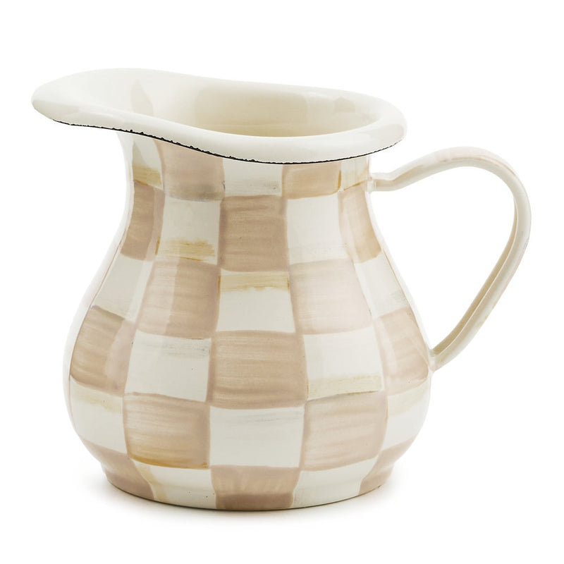 MacKenzie Childs | Mocha Check Creamer, a ceramic pitcher with a hand-painted checkerboard pattern, perfect for versatile kitchen use.
