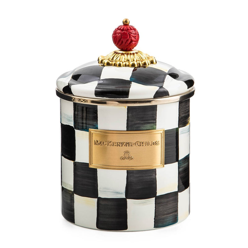 MacKenzie Childs | Courtly Check Small Canister with black-and-white checkerboard pattern, gold scalloped lid, and red knob, ideal for versatile kitchen or home storage.