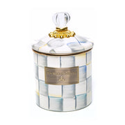 MacKenzie-Childs Sterling Check Small Canister with pastel checkerboard design, glass knob, and gold plaque, perfect for kitchen storage.