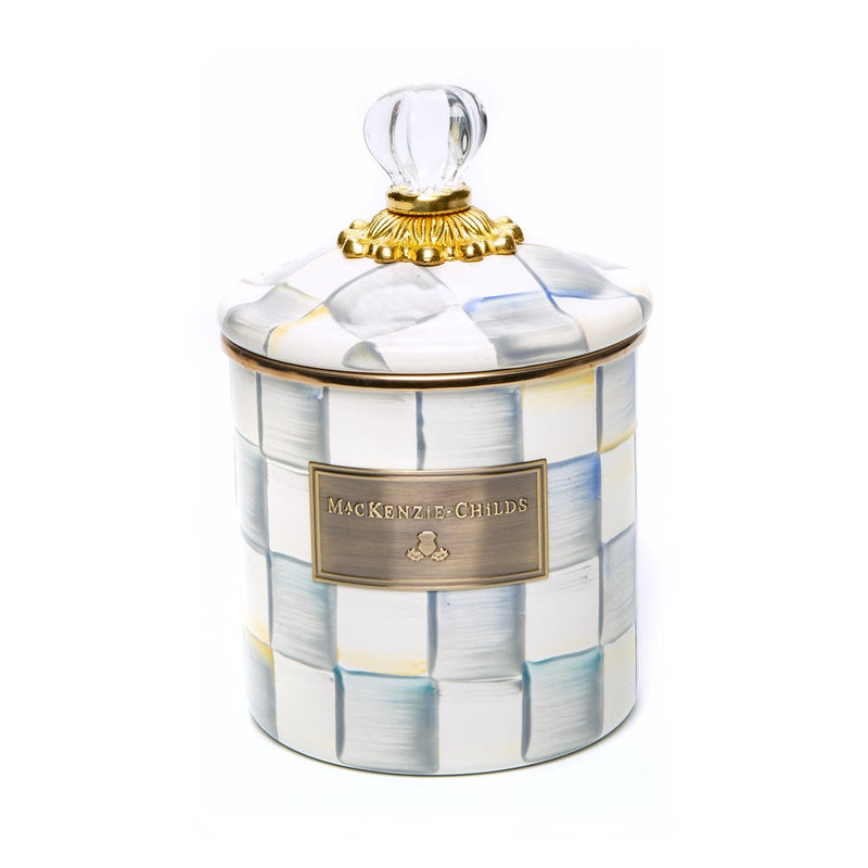 MacKenzie-Childs Sterling Check Small Canister with pastel checkerboard design, glass knob, and gold plaque, perfect for kitchen storage.