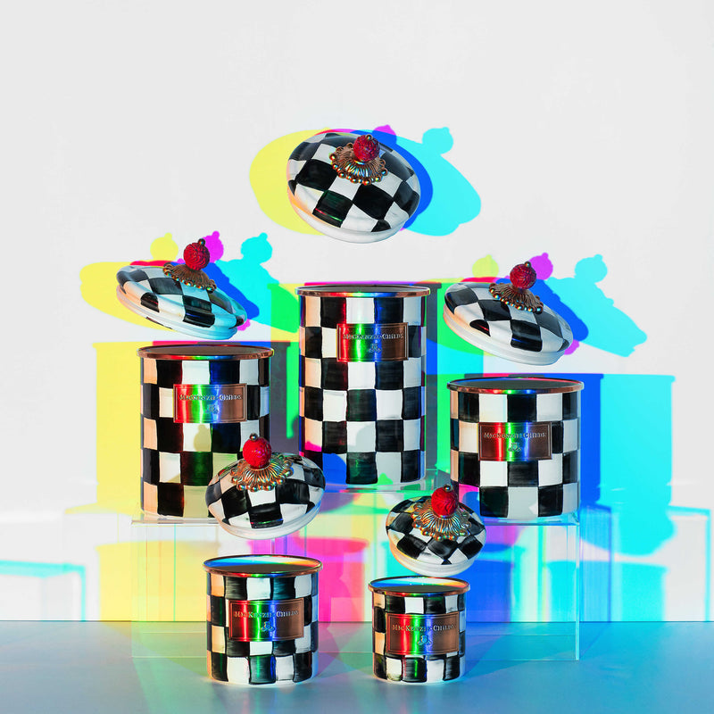 MacKenzie Childs | Courtly Check Medium Canister with hand-painted checkered design, topped with a faux-cinnabar knob, ideal for versatile kitchen or household storage.