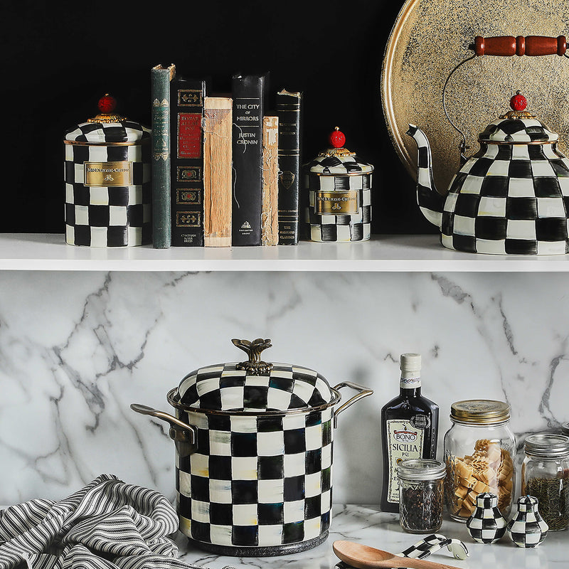 MacKenzie Childs | Courtly Check Medium Canister, hand-painted with signature checks, perfect for storing kitchen essentials like coffee beans or tea bags.