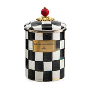 MacKenzie Childs | Courtly Check Medium Canister featuring a black and white checkered pattern with a carved faux-cinnabar knob, ideal for versatile kitchen storage.