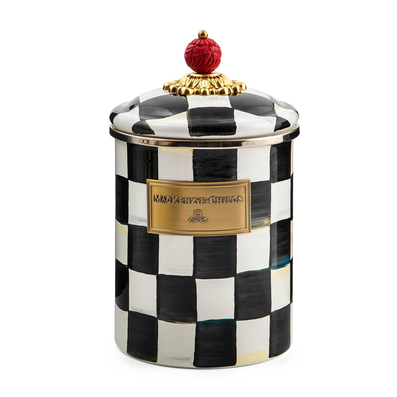 MacKenzie Childs | Courtly Check Medium Canister featuring a black and white checkered pattern with a carved faux-cinnabar knob, ideal for versatile kitchen storage.