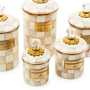 MacKenzie Childs | Mocha Check Medium Canister showcasing hand-painted checkered design with gold-tone label and crystal-style finial, ideal for versatile kitchen storage.
