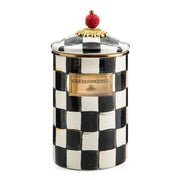 MacKenzie Childs | Courtly Check Large Canister: Tall ceramic jar with black-and-white check pattern, gold-edged lid, and red knob, perfect for versatile kitchen storage.