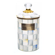 MacKenzie Childs | Sterling Check Large Canister with a hand-painted checkerboard pattern, topped with a glass knob, featuring a brass plaque. Ideal for versatile kitchen storage.