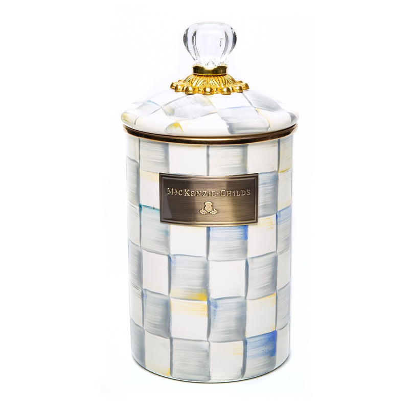 MacKenzie Childs | Sterling Check Large Canister with a hand-painted checkerboard pattern, topped with a glass knob, featuring a brass plaque. Ideal for versatile kitchen storage.