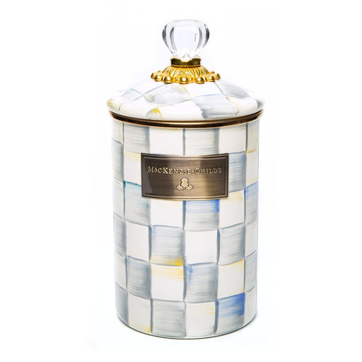 MacKenzie Childs | Sterling Check Large Canister with a hand-painted checkerboard pattern, topped with a glass knob, featuring a brass plaque. Ideal for versatile kitchen storage.