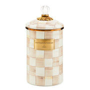 MacKenzie-Childs Mocha Check Large Canister with hand-painted checks, gold accents, and glass knob, perfect for storing kitchen essentials stylishly.