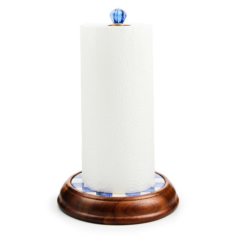 MacKenzie Childs | Royal Check Wood Paper Towel Holder featuring a blue glass finial and hand-painted blue checks on an enamel base with a wooden stand.
