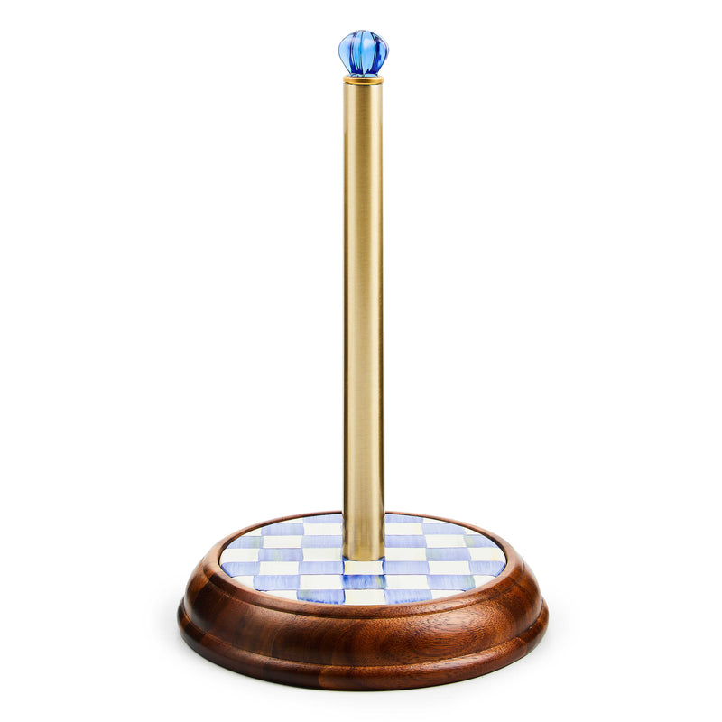 MacKenzie Childs | Royal Check Wood Paper Towel Holder featuring a hand-painted blue enamel design with a wooden base and a blue glass finial on top.