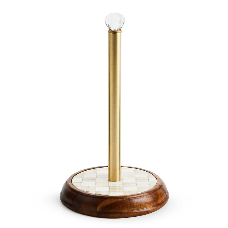 MacKenzie Childs | Mocha Check Wood Paper Towel Holder with a glass finial, featuring a stainless-steel post and wood base, ideal for kitchen elegance.