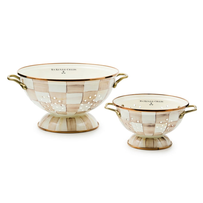 MacKenzie Childs | Mocha Check Small Colander with a hand-painted checkerboard pattern, pedestal base, and brass-finished handles, showcasing elegant kitchen functionality.