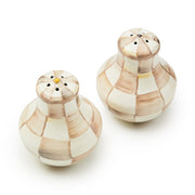MacKenzie Childs | Mocha Check Salt & Pepper Shakers, featuring hand-painted cream and light brown checks, crafted from hand-glazed steel with silicone plugs, ideal for enhancing kitchen decor.