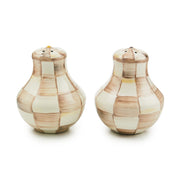 MacKenzie Childs | Mocha Check Salt & Pepper Shakers, featuring bulbous ceramic design with hand-painted cream-and-tan checkered pattern, perfect for enhancing any kitchen decor.