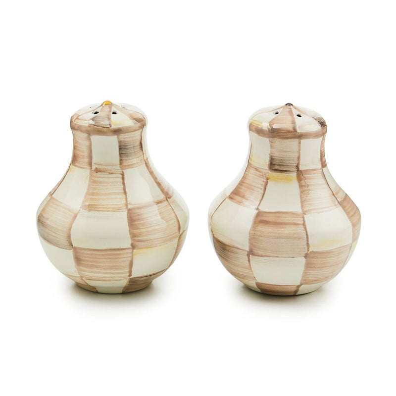 MacKenzie Childs | Mocha Check Salt & Pepper Shakers, featuring bulbous ceramic design with hand-painted cream-and-tan checkered pattern, perfect for enhancing any kitchen decor.