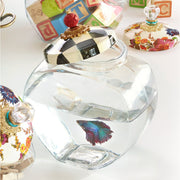 MacKenzie Childs Cookie Jar with Courtly Check Lid, showcasing an elegant glass jar with a hand-painted checkered lid and distinctive faux-cinnabar knob, ideal for stylish kitchen storage.