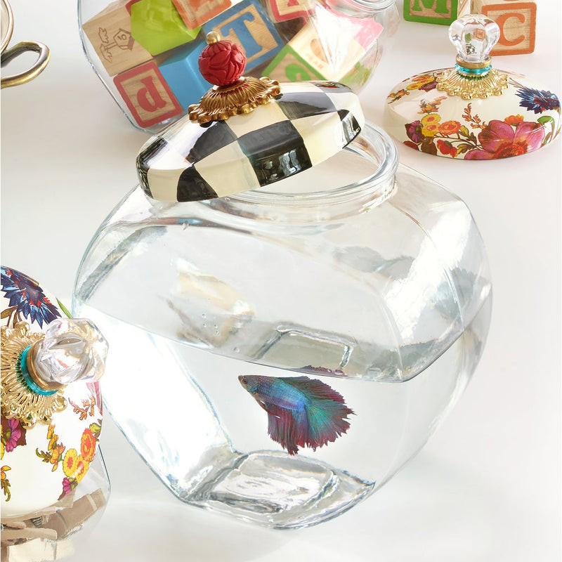 MacKenzie Childs Cookie Jar with Courtly Check Lid, showcasing an elegant glass jar with a hand-painted checkered lid and distinctive faux-cinnabar knob, ideal for stylish kitchen storage.