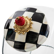 MacKenzie Childs | Cookie Jar with Courtly Check Lid featuring a hand-painted checkerboard pattern, gold rosette, and red knob handle.